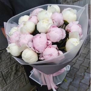 Букет 19 пионов белые и розовые с оформлением R1096